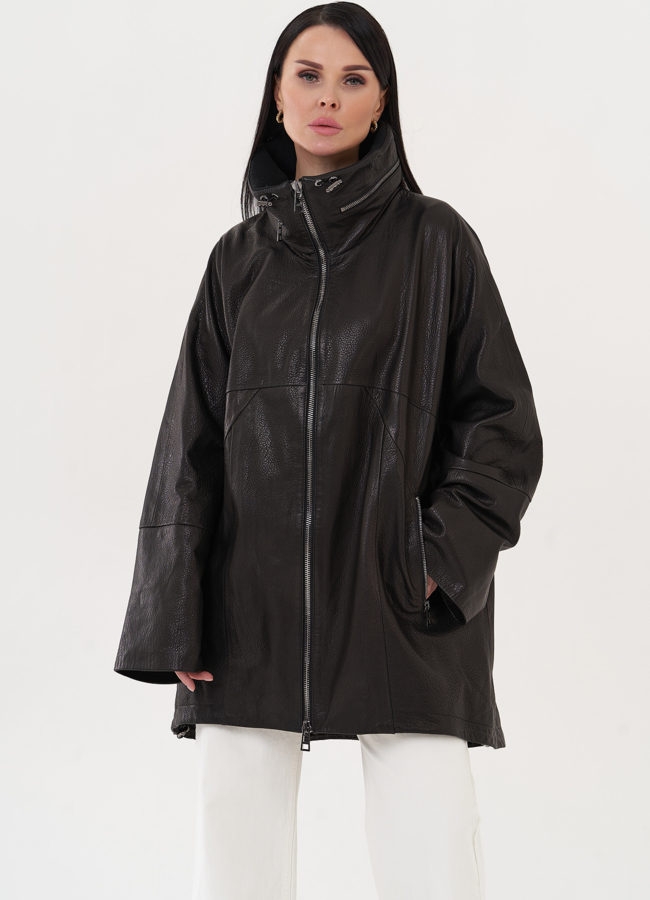 Кожаная удлиненная куртка черного цвета модель № 27142 меха малина