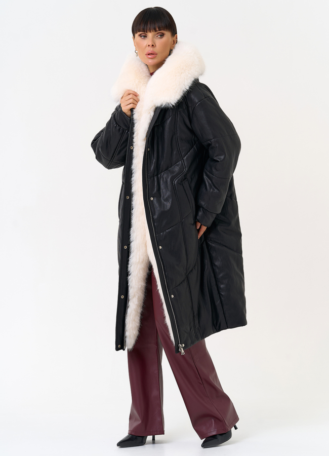 фото Женский пуховик из эко кожи со съемным эко мехом модель № 30718
