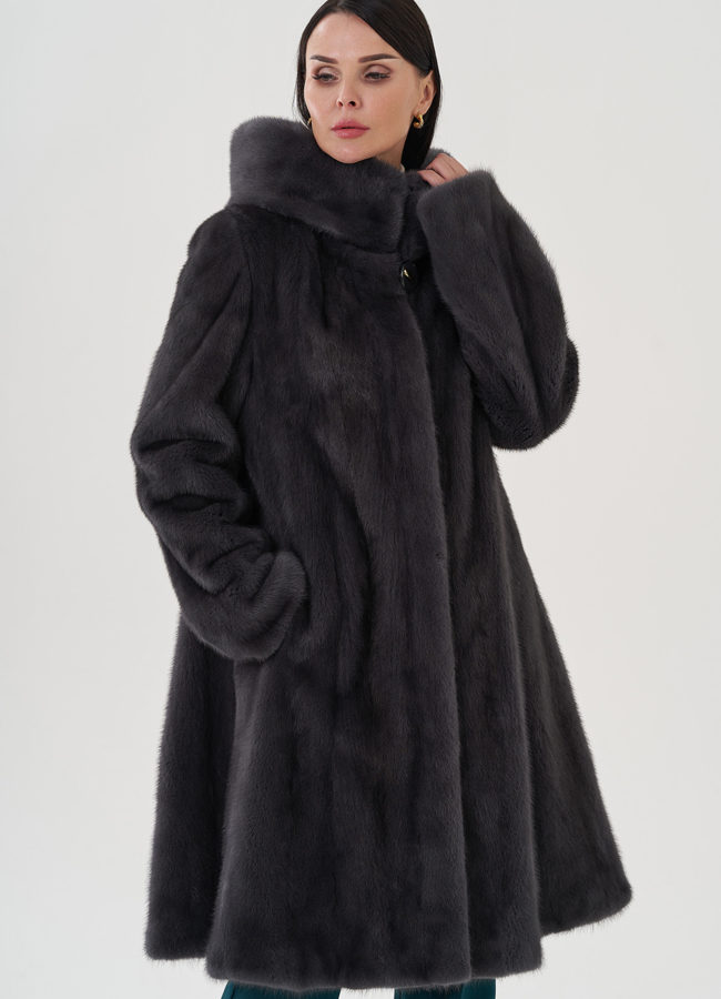 Норковая шуба годе/балетка в роспуск с капюшоном цвета графит модель № 25009 меха малина