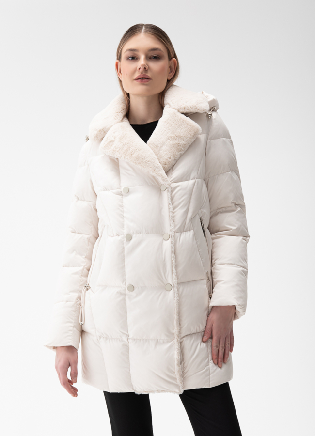 Комбинированный женский пуховик с капюшоном модель № 28391 меха малина