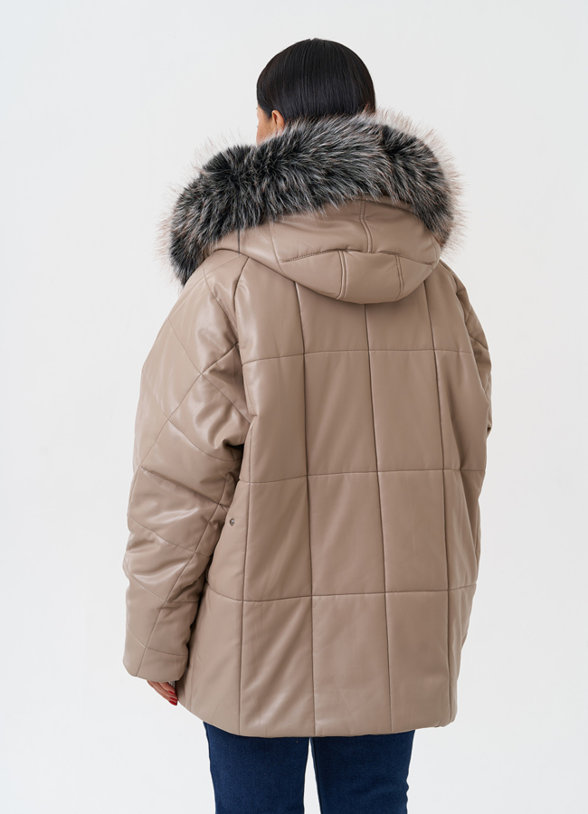 Пуховик из эко кожи с капюшоном из эко меха  модель № 27706 универмаг малина