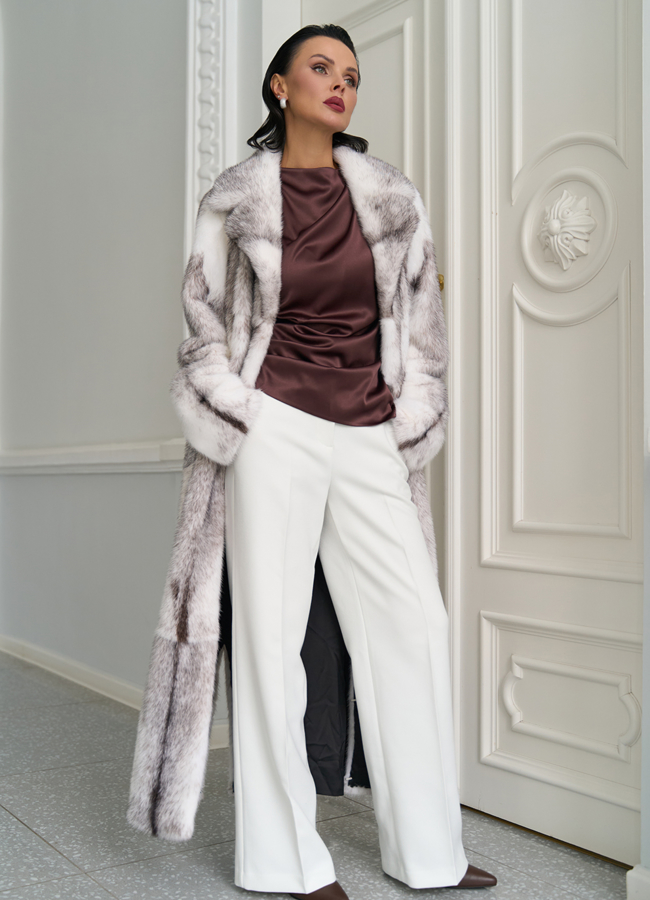 Длинная шуба из норки крестовки cross модель № 31327 в рассрочку