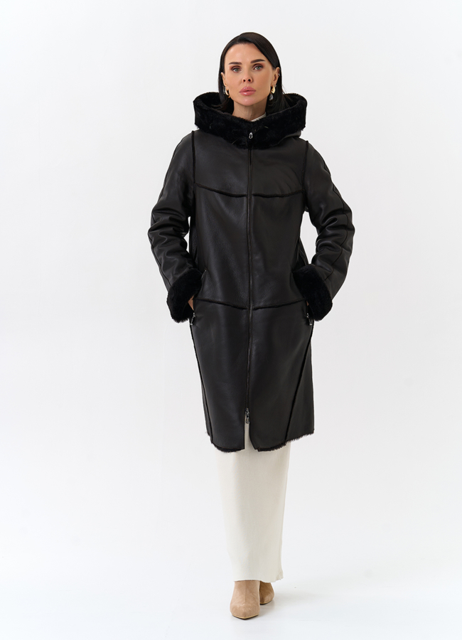 Женская натуральная дубленка с капюшоном модель № 32199 меха малина