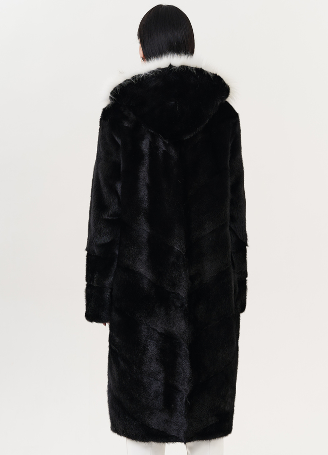 фото Норковая шуба черного цвета с рысью модель № 25004
