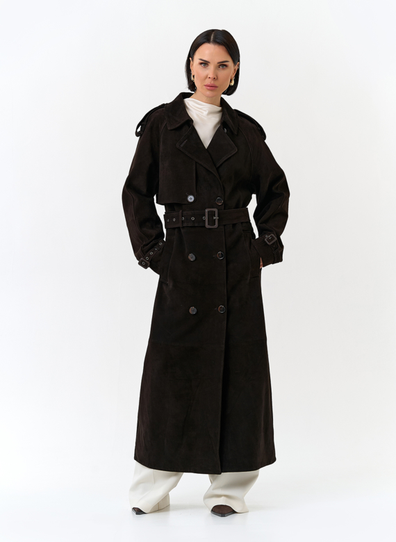 Женский длинный плащ из натуральной замши