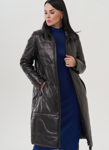 Пуховик из натуральной кожи на молнии с капюшоном