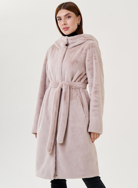 Двухстороннее пальто из эко меха с капюшоном