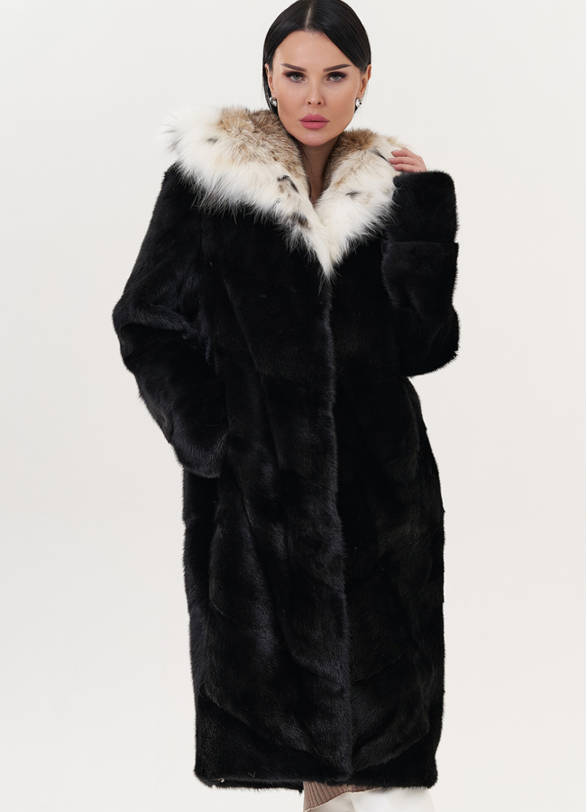 Норковая шуба черного цвета с рысью модель № 25004 в рассрочку