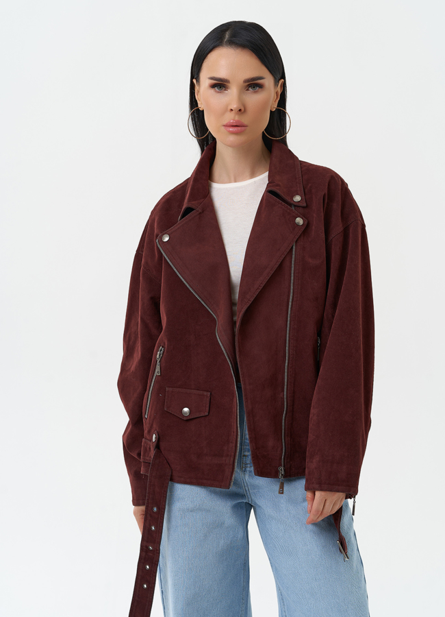 Куртка косуха из эко замши бордового цвета модель № 30374 меха малина