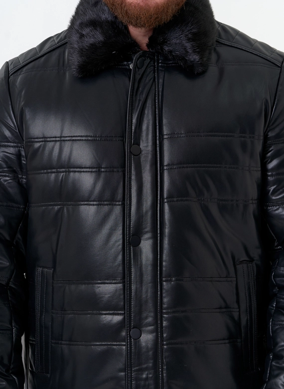 Пуховик из эко кожи с воротником стойкой
