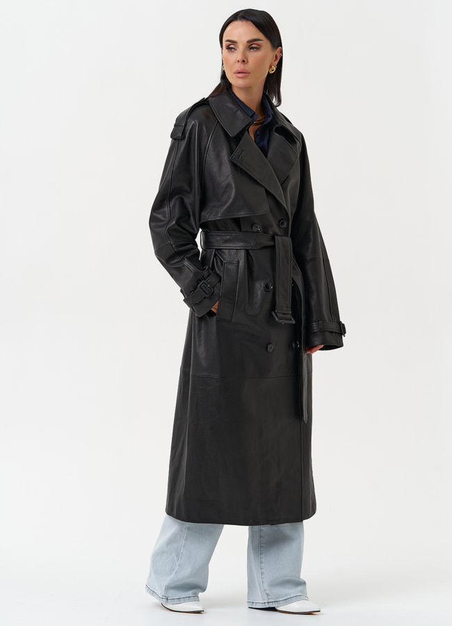 Длинный плащ из натуральной кожи черного цвета модель № 30626 в кредит