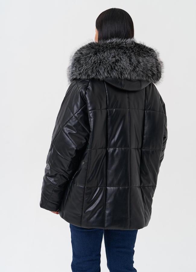 Пуховик из эко кожи с капюшоном из эко меха  модель № 27707 в рассрочку