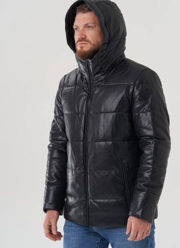 Пуховик мужской из эко кожи с капюшоном 