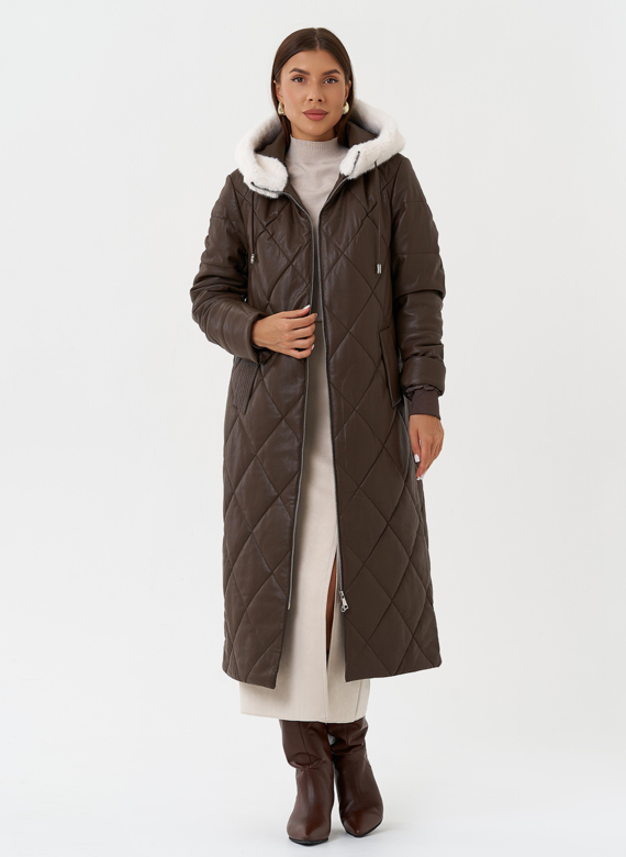 Пуховик из эко кожи с капюшоном