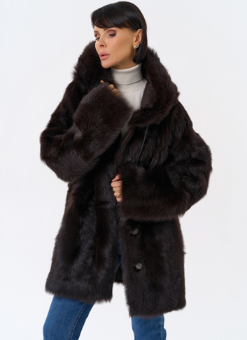 Женская двухсторонняя дубленка с капюшоном