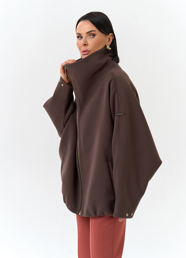 Женское укороченное пальто с высоким воротником модель № 32558 меха малина