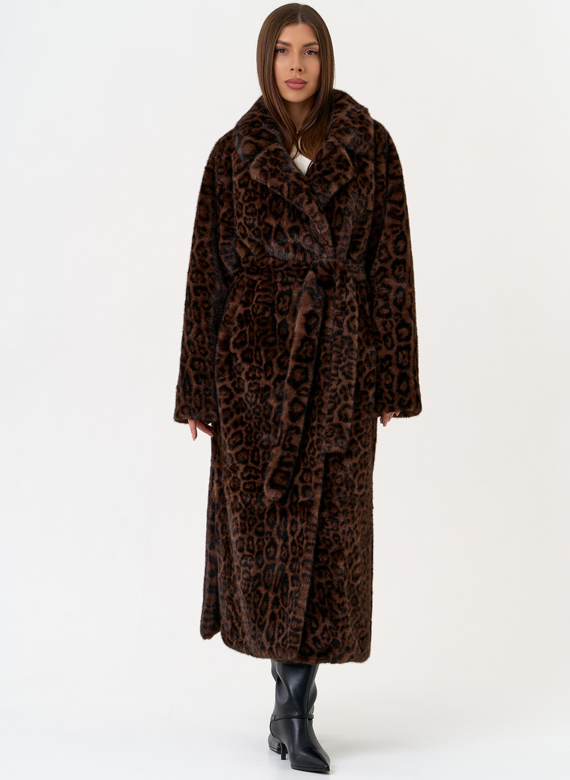 Длинная шуба из эко меха с анималистическим принтом