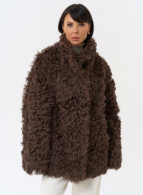 Женская двухсторонняя дубленка с воротником стойкой 