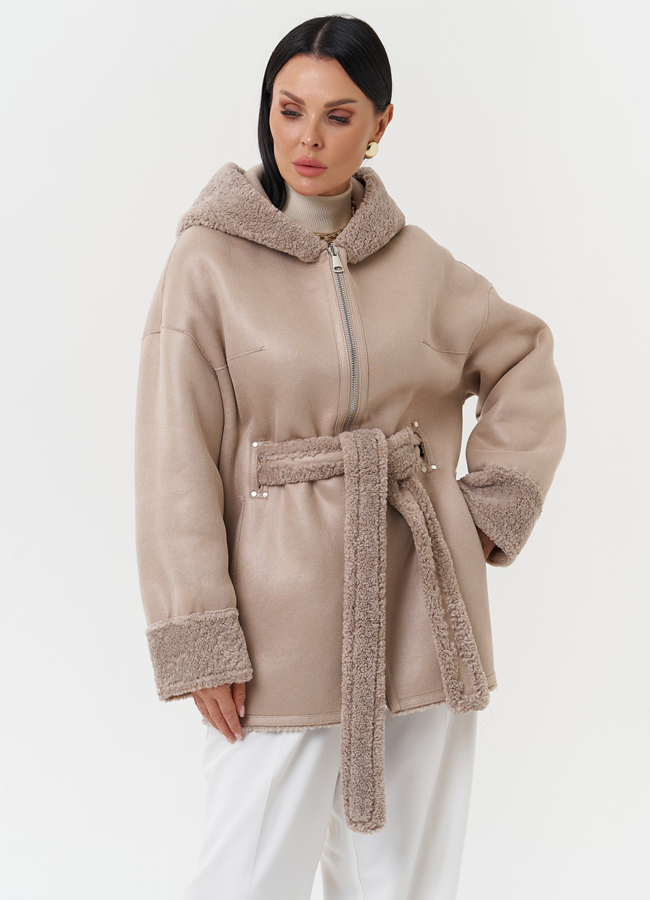 Дубленка из эко кожи с капюшоном модель № 27770 меха малина