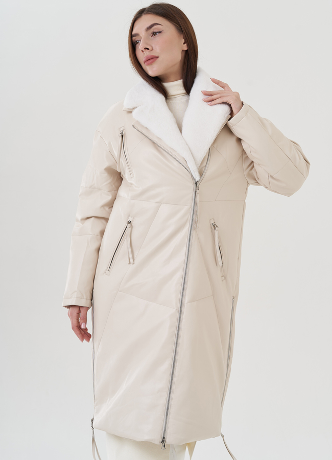 Пуховик женский из эко кожи с английским воротником в светлом цвете модель № 25467 универмаг малина