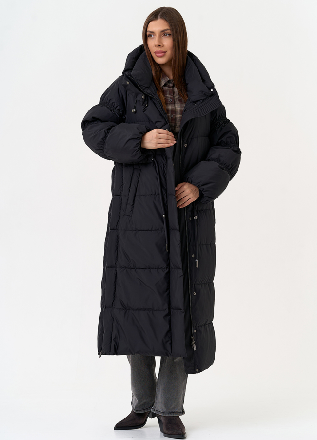 Женский пуховик черного цвета с капюшоном модель № 31581 универмаг малина