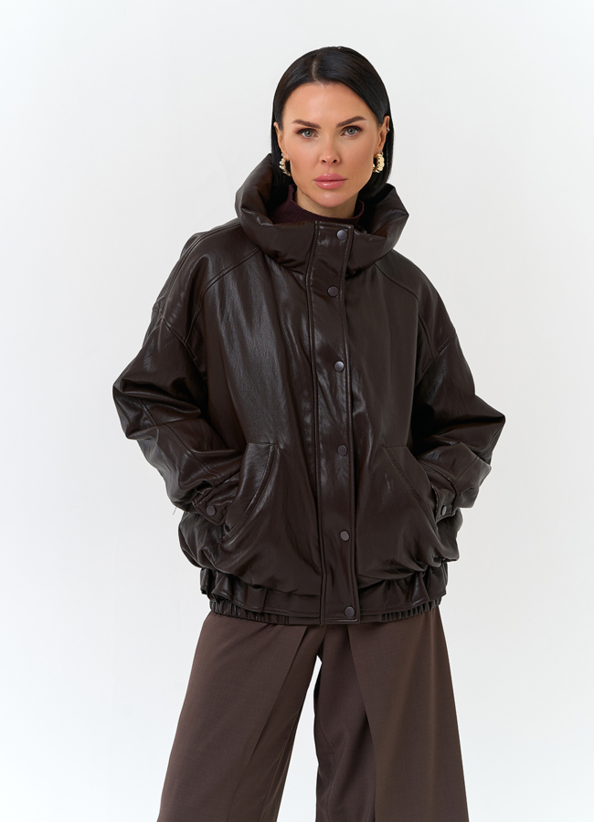 Женская утепленная куртка из эко кожи модель № 32843 меха малина