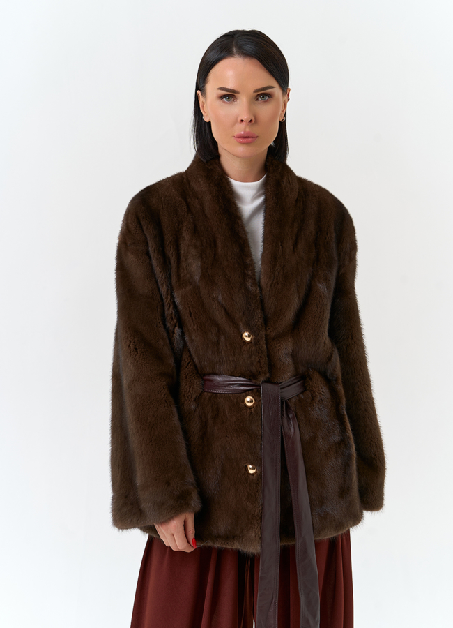 Шуба из меха норки с поясом модель № 32498 меха малина