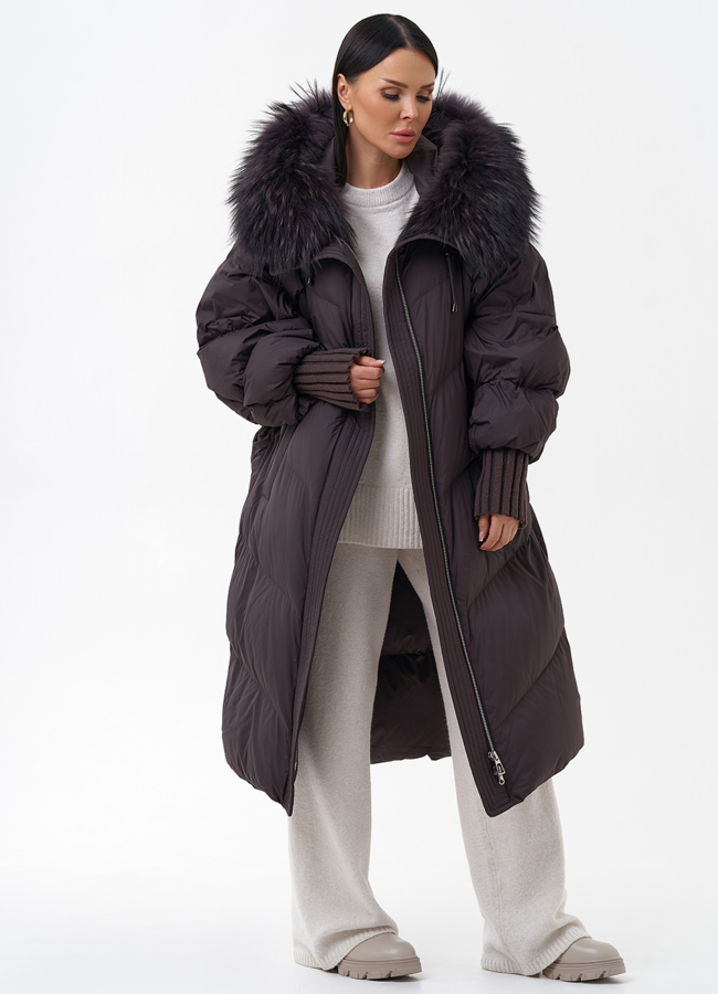 Длинный женский пуховик с капюшоном модель № 29359 универмаг малина