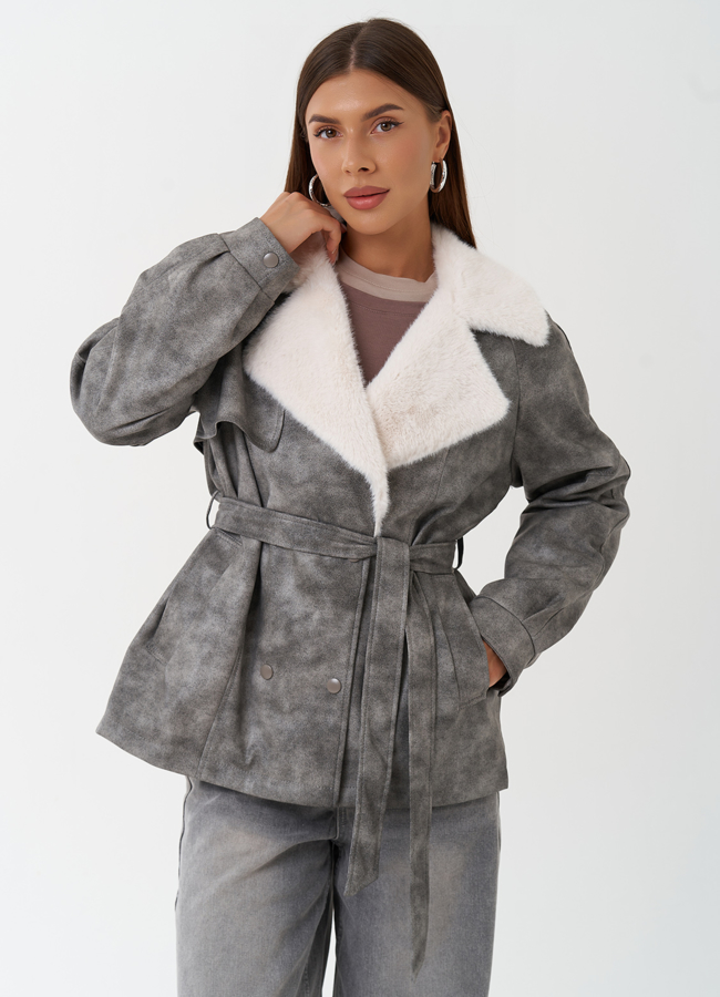 Жакет из эко кожи с отделкой эко мехом модель № 28308 меха малина