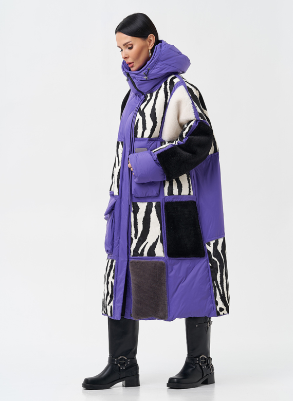 Комбинированный женский пуховик с капюшоном