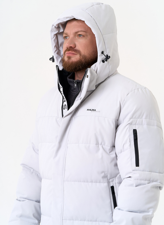 Мужской светлый пуховик с капюшоном