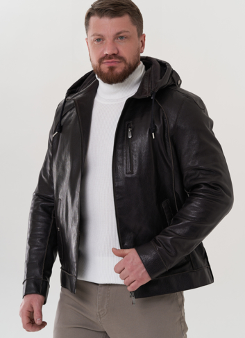 Мужская кожаная куртка с капюшоном