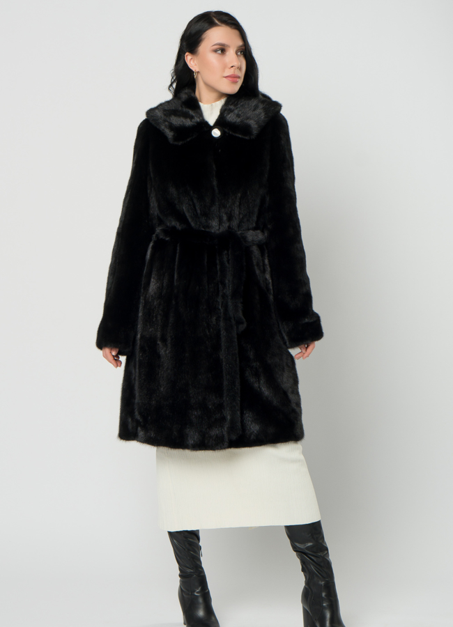 фото Норковая шуба с капюшоном и поясом черного цвета модель № 29529