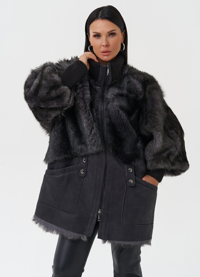 Комбинированная дубленка из тосканы модель № 28955 меха малина