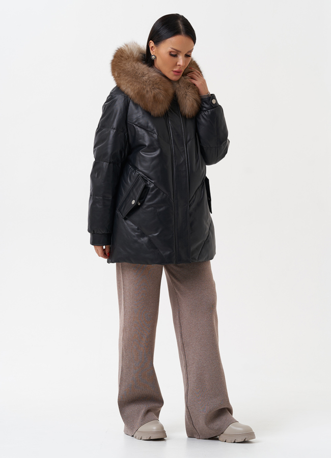 фото Женский кожаный пуховик с капюшоном модель № 28912
