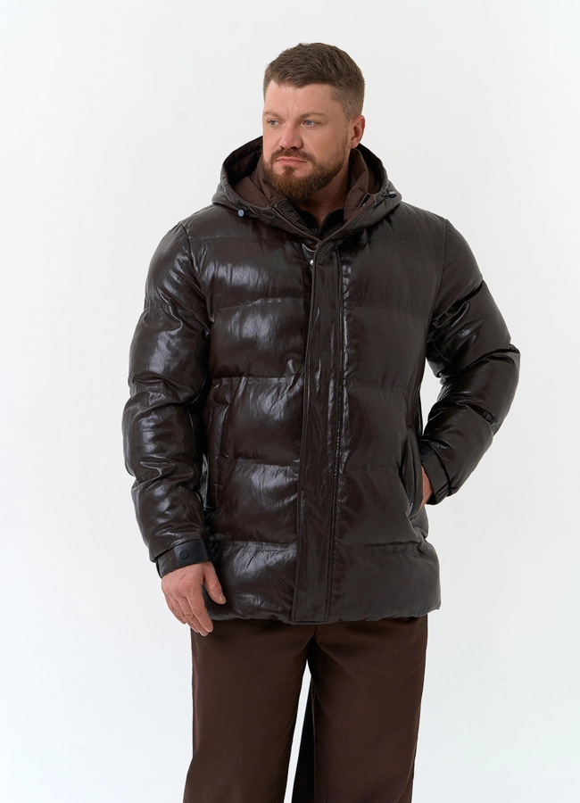Мужской пуховик из эко кожи с капюшоном модель № 34086 универмаг малина фото