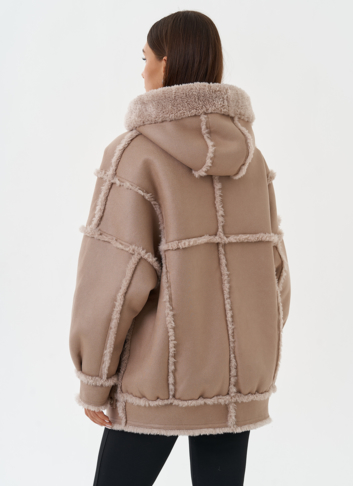 Двухсторонняя эко дубленка с капюшоном