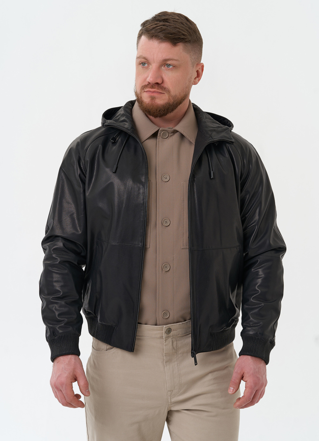 Мужская куртка из натуральной кожи с капюшоном модель № 30073 универмаг малина