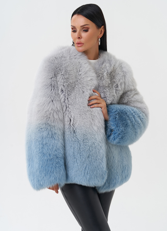 Шуба из меха лисы с принтом деграде модель № 28590 меха малина