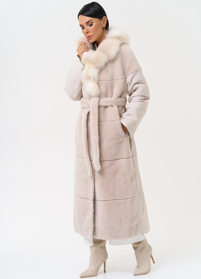 Комбинированное женское пальто из меха овчины с поясом модель № 31401 универмаг малина