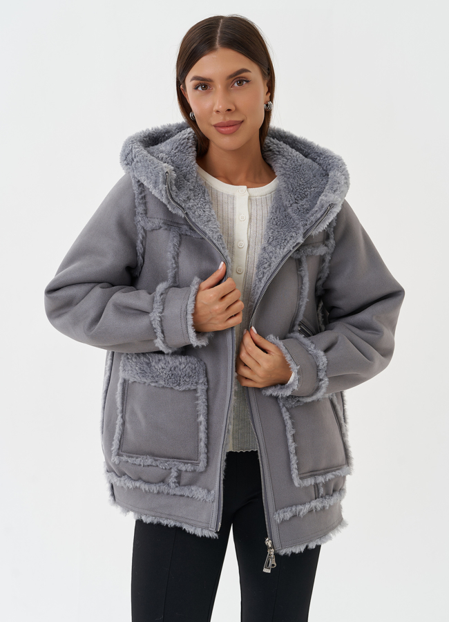 Женская двухсторонняя дубленка из эко кожи модель № 28650 универмаг малина