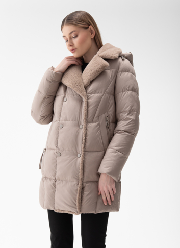 Комбинированный женский пуховик с капюшоном