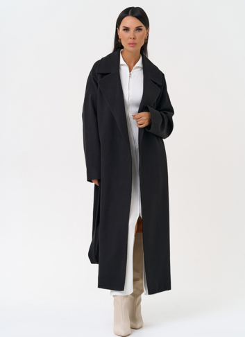 Женское пальто черного цвета с функциональными кнопками