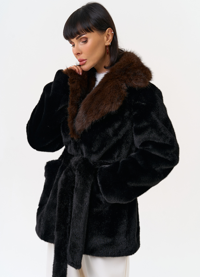 Женская шуба из эко меха с английским воротником модель № 31267 меха малина